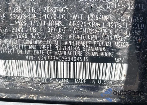 2011 Subaru Outback 2.5I from USA, damaged, VIN 4S4BRBAC2B3404515